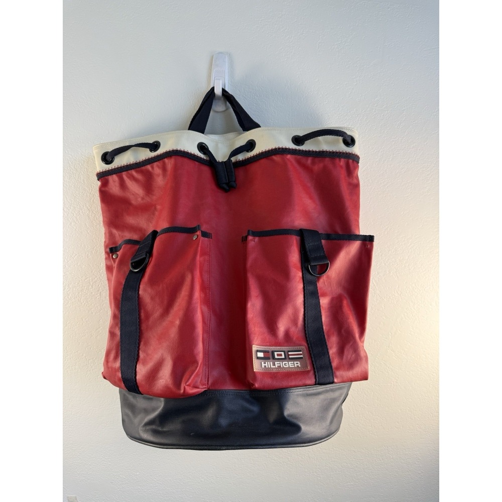 Vintage RARE Tommy Hilfiger Drawstring Backpack Red Navy Canvas Large Duffle Bag